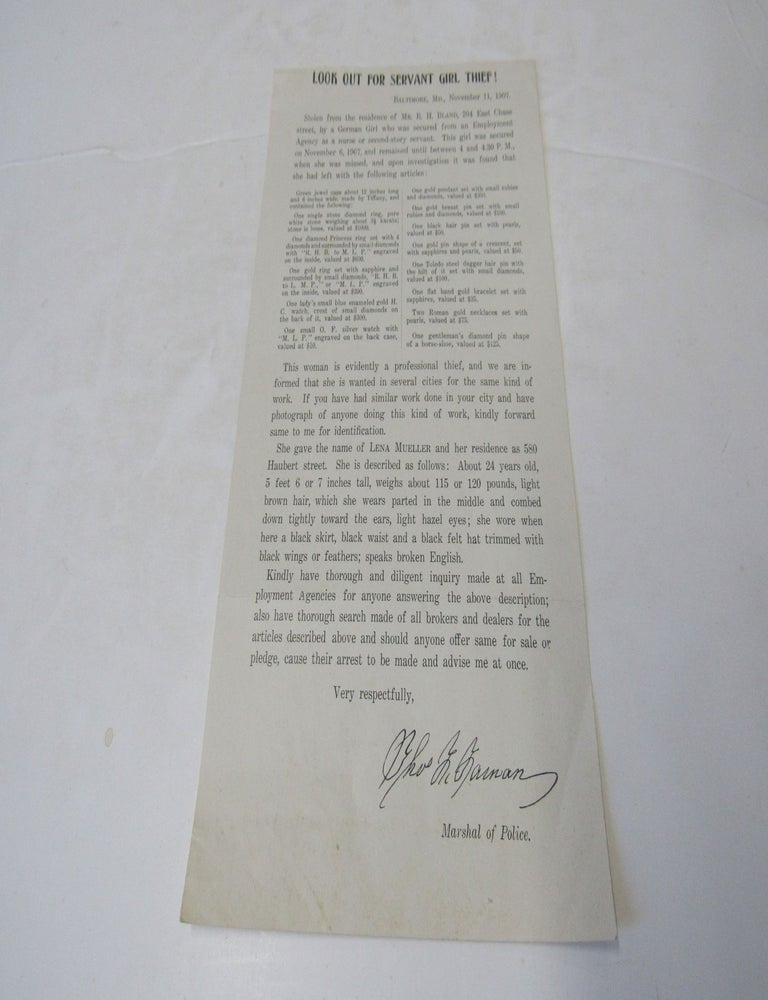 Item #1677 Look Out For Servant Girl Thief Baltimore MD. November 11, 1907.