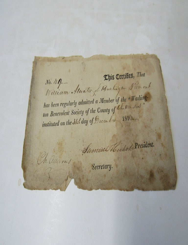 Item #1717 Burlington VT Washingtonian Benevolent Society Membership 1810