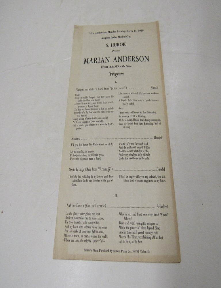 Item #1787 Civic Auditorium [Seattle] Monday Evening, March 11, 1940, Auspices Ladies Musical Club S. Hurok Presents Marian Anderson.