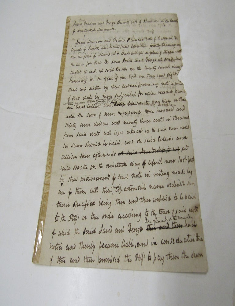 Item #1800 c.1816 Legal Document Concerning Money Owed by a Nantucket Company Owned by Jared Gardener and George Burnett to Munson & Barnard, Boston Merchants