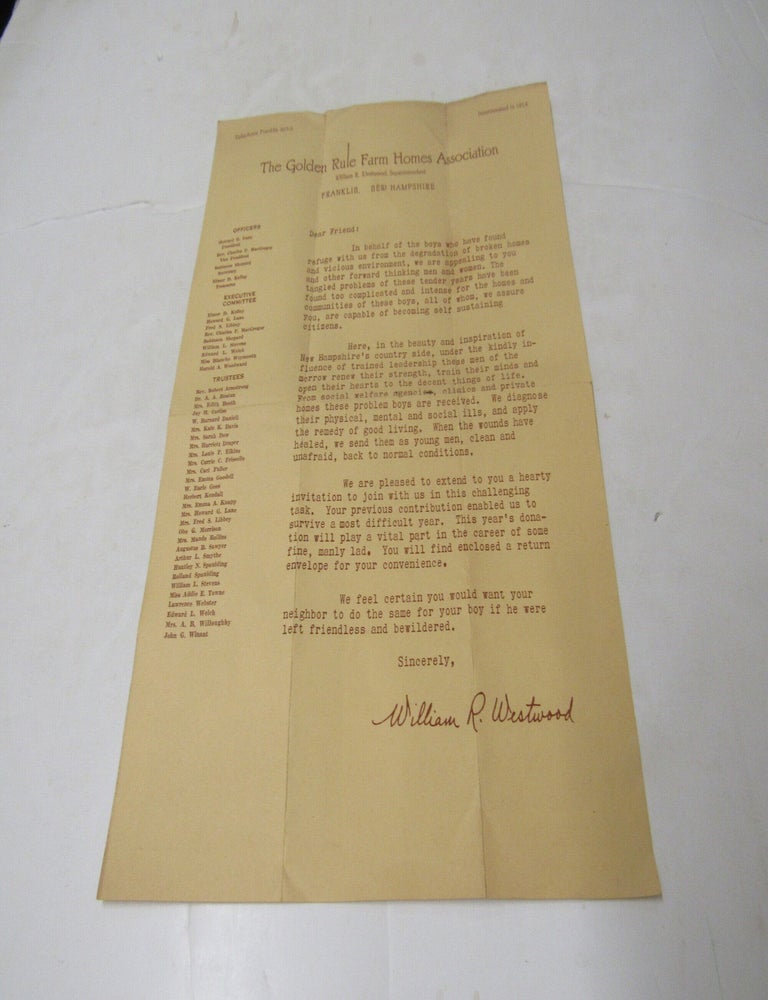 Item #2563 Fundraising letter for the Golden Rule Farms Home Association Franklin, NH