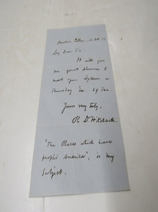 One-page letter from Roswell D. Hitchcock dated Bowdoin College 12 Oct. 52. to unknown recipient