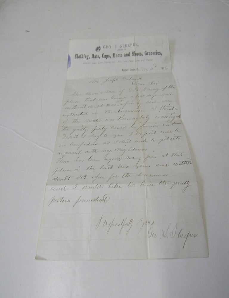 Item #2926 One page letter from George Sleeper dated Newport Center, VT Nov 4th, 1876, to Joseph Poland