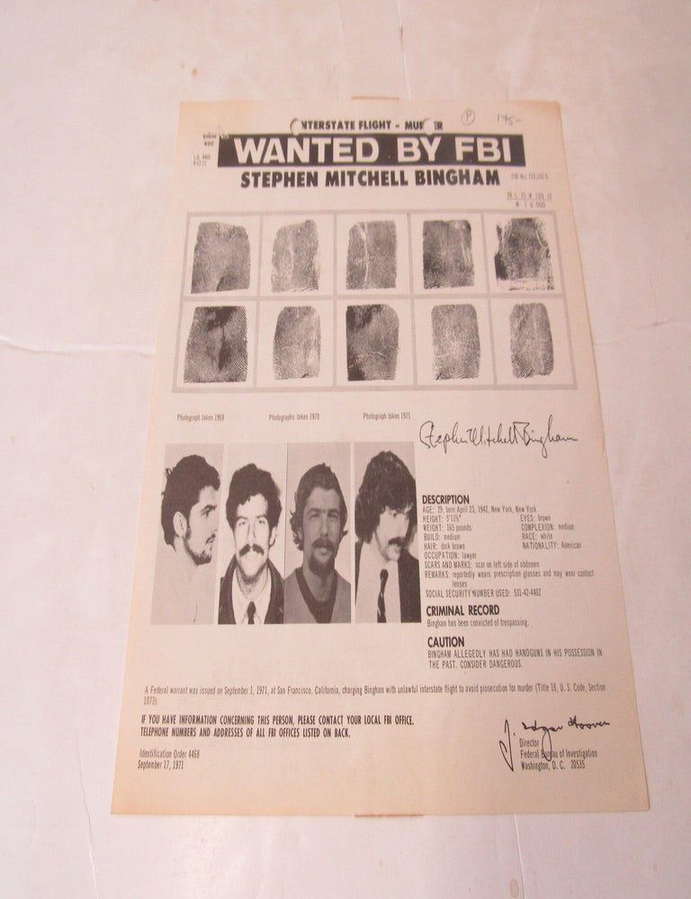 Item #3030 FBI Wanted Poster Stephen Mitchell Bingham-Black Panthers George Jackson