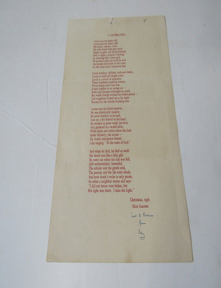 Item #3616 May Sarton Signed Christmas Broadside Poem 1956
