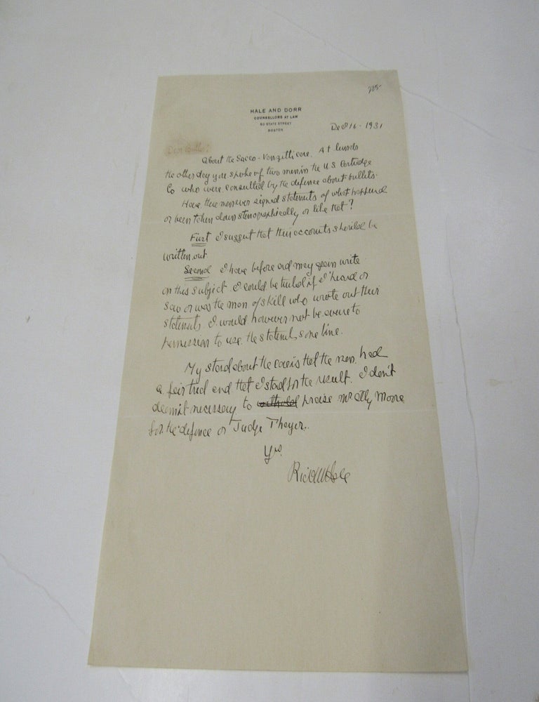 Item #3645 Richard Hale Letter to Buller dated Dec. 16, 1931 Regarding the Sacco-Vanzetti Case