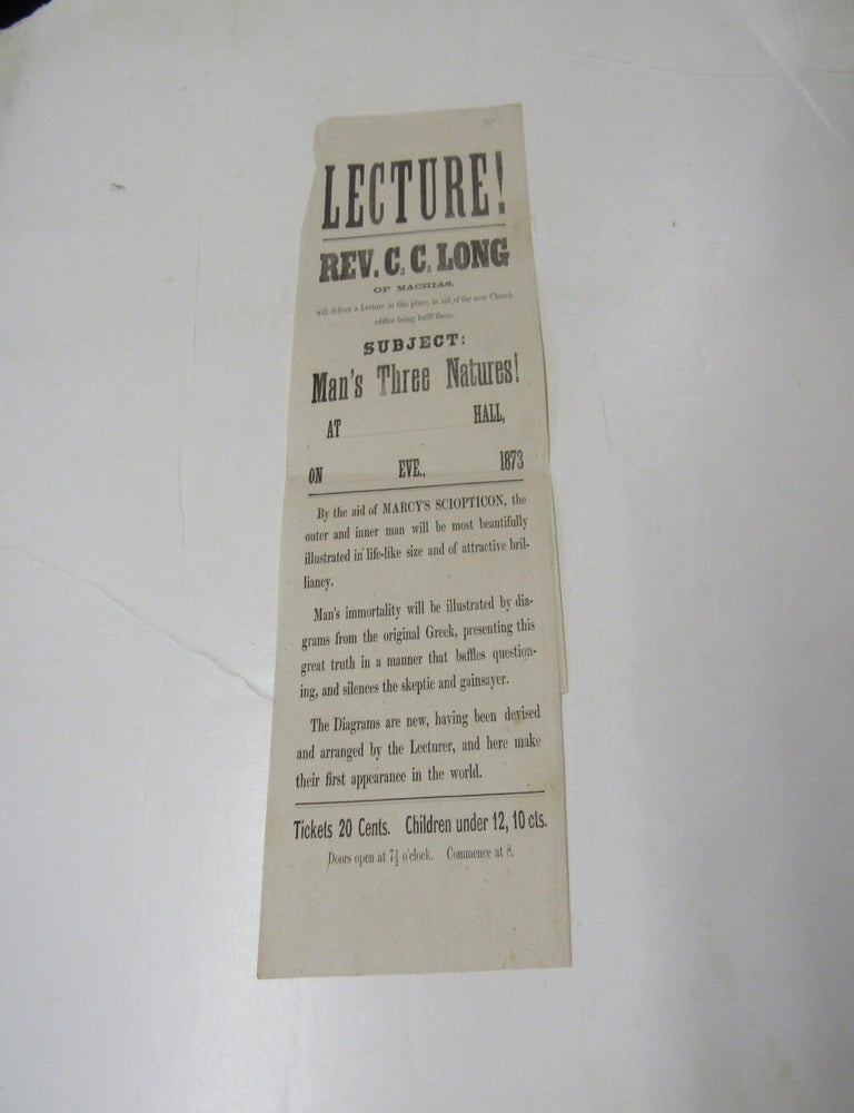 Item #3678 Lecture! Subject: Man's Three Natures. Rev. C. C Long.