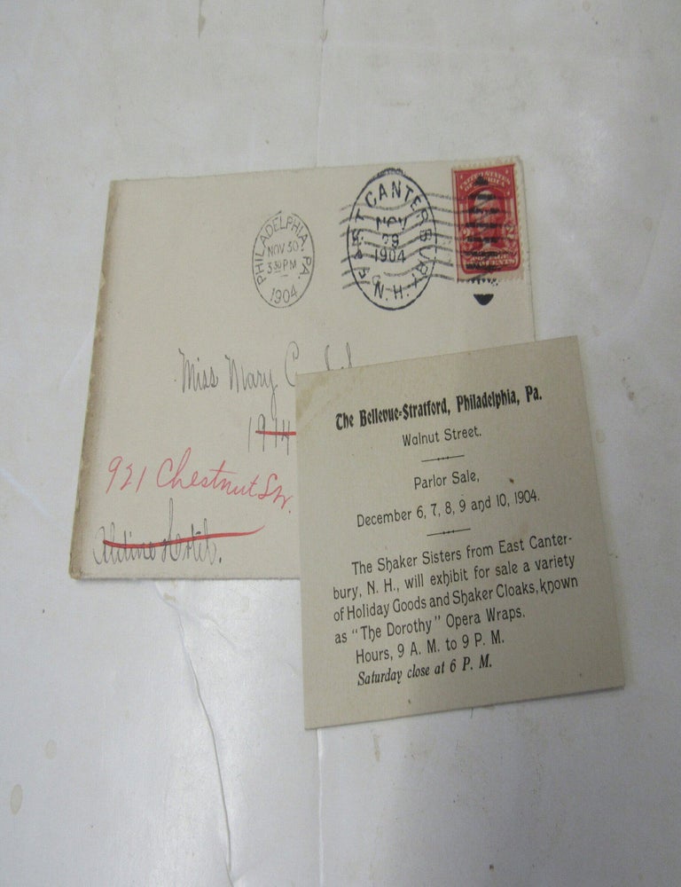 Item #3681 Advertising card and envelope inviting patrons to visit and purchase Canterbury Shaker fancy goods at the Bellevue-Stratford