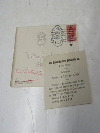 Advertising card and envelope inviting patrons to visit and purchase Canterbury Shaker fancy...