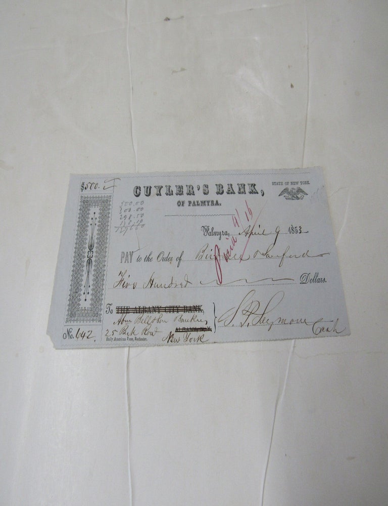 Item #3691 Check Written From Cuyler's Bank of Palmyra, NY Dated 1853