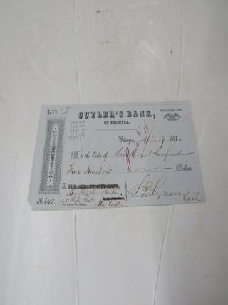 Check Written From Cuyler's Bank of Palmyra, NY Dated 1853
