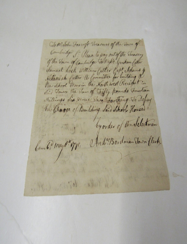 Item #3734 Manuscript Receipt Building Arlington MA First School 1770 John Foxcroft