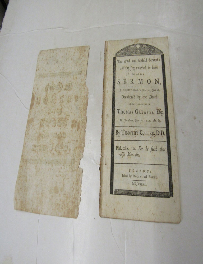 Item #3765 Sermon on the Death of the Honorable Judge Greaves. Timothy Cutler.