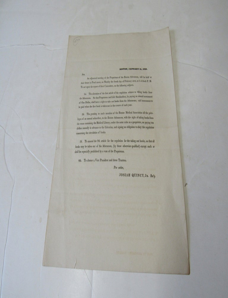 Item #3823 Circular Letter, Boston, Jan. 21, 1828, Boston Athenaeum, regarding early rules for borrowing books...