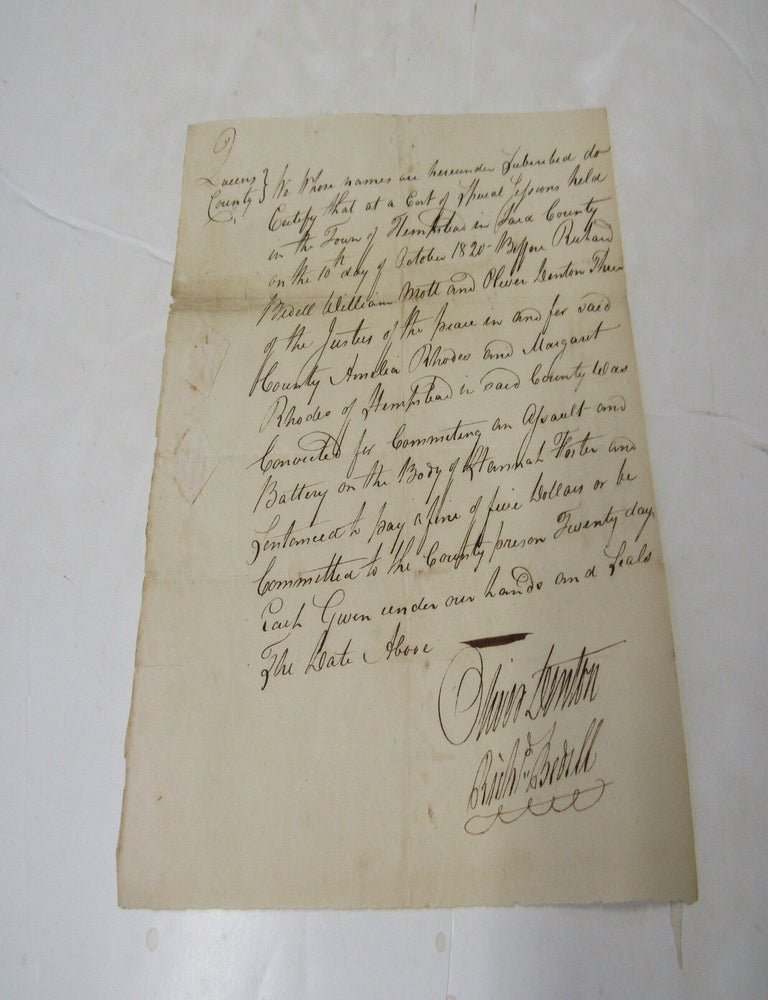 Item #4049 Legal Document regarding Assault and Battery by Amelia Rhodes and Margaret Rhodes who assaulted Hannah Foster