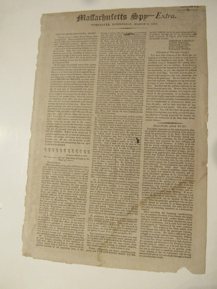 Item #667 Massachusetts Spy Extra, Worcester, Wednesday, March 31, 1819. Men of Massachusetts, Awake!