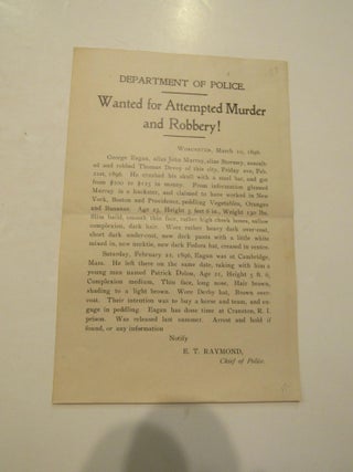 Item #673 Department of Police. Wanted for Attempted Murder and Robbery! Worcester,...