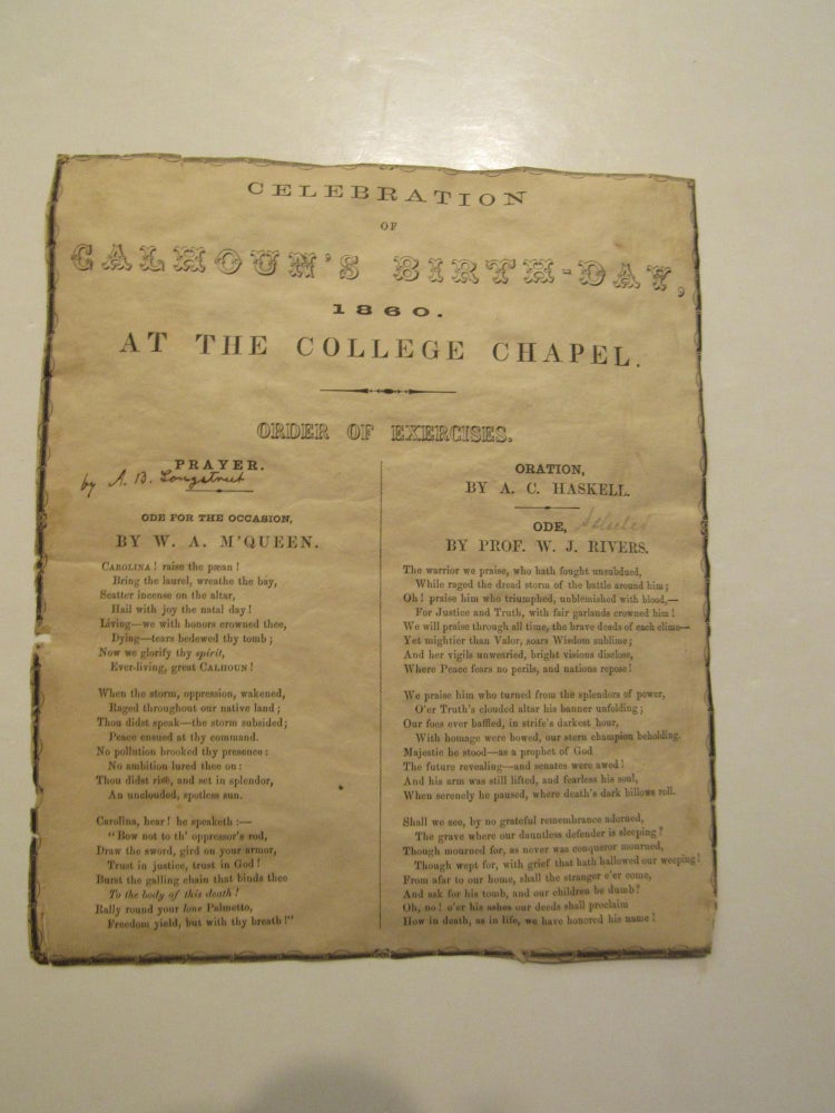 Item #675 Celebration Of Calhoun's Birthday, 1860. At the College Chapel. W. A. M'Queen, A. C. Haskell, A C. Haskell.