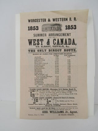 Item #873 Worcester & Western R.R. Summer Arrangement for the West & Canada, via Albany, Buffalo,...